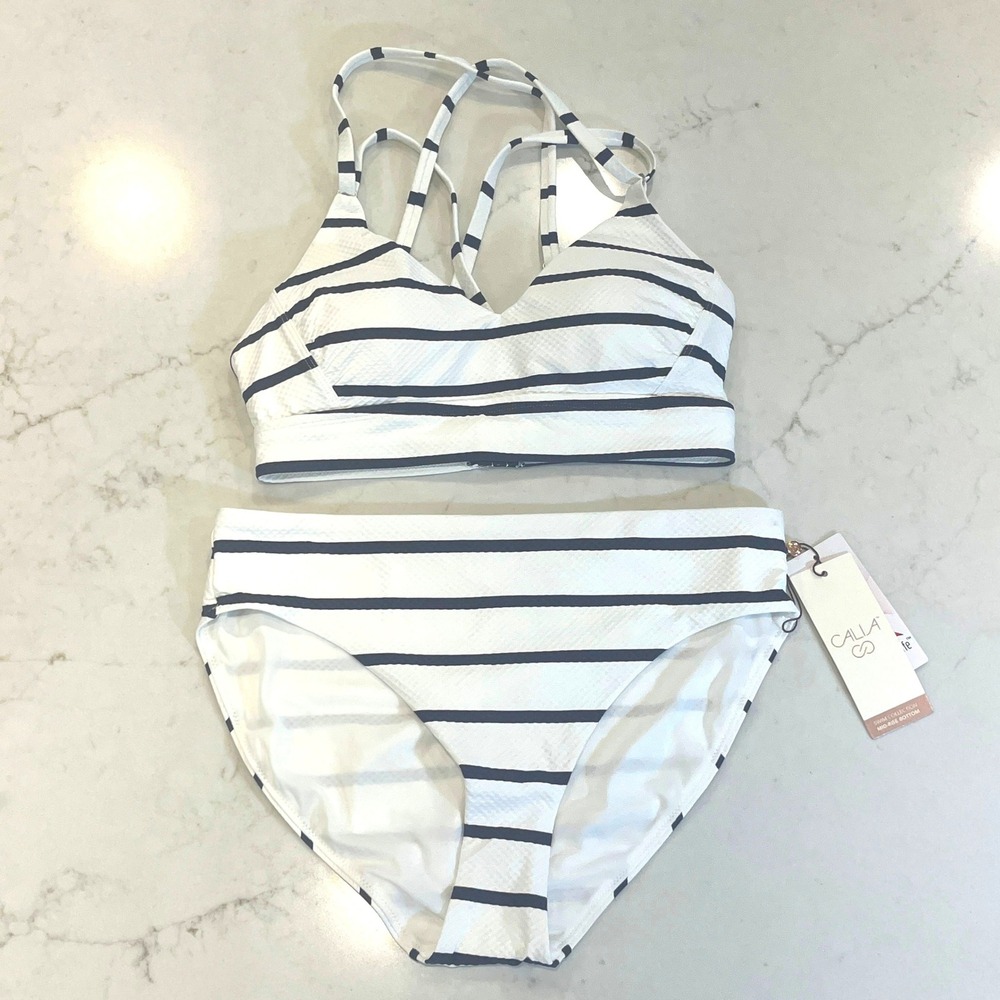 CALIA Strappy Bikini Set Womens S White Blue Striped Textured Nautical Preppy